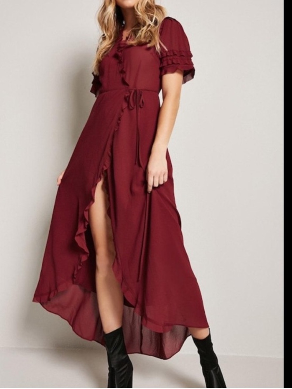 Ruffled Chiffon Wrap Dress in Burgundy